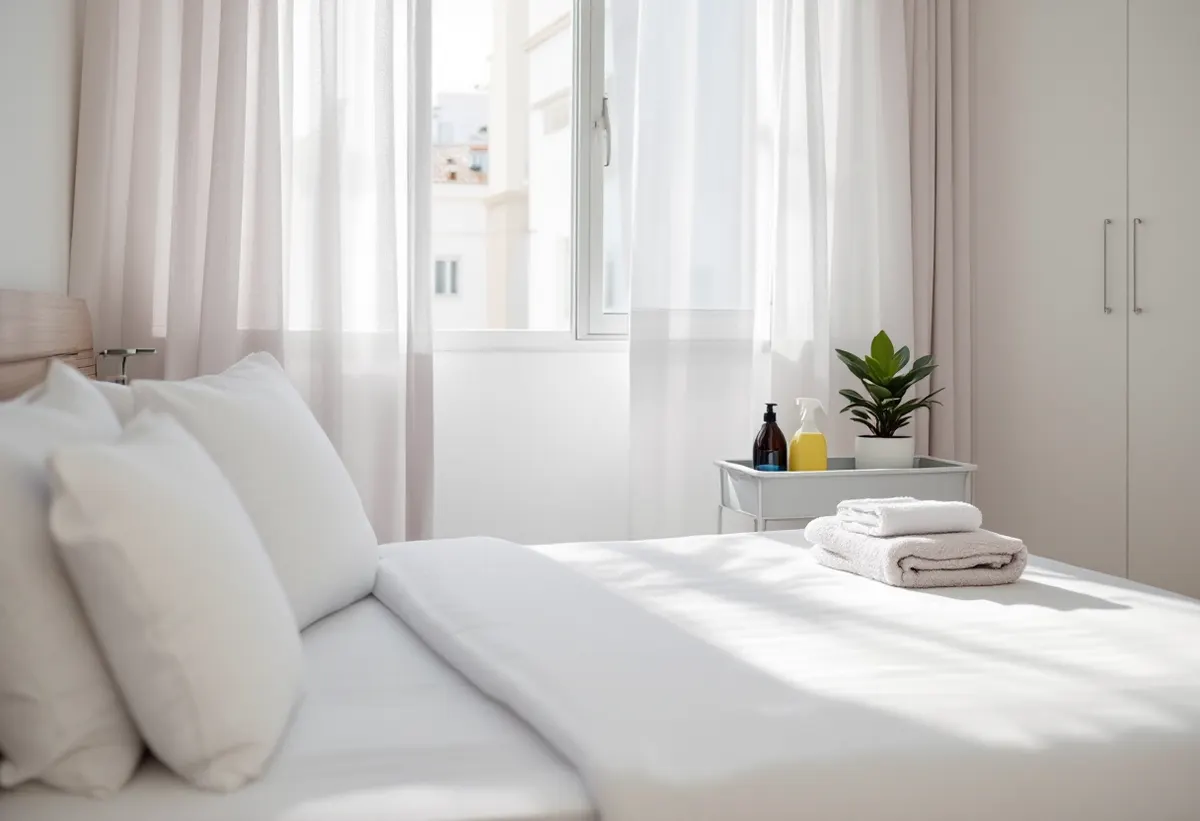 Dormitorio de un apartamento turístico recién limpiado