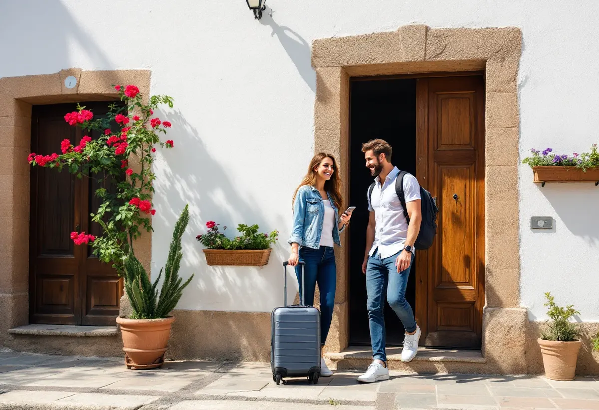 Tourist couple arriving at a holiday apartment in Andalusia
