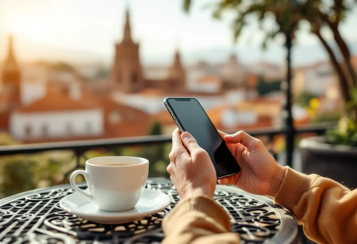 Hands holding a phone on a rooftop overlooking Seville