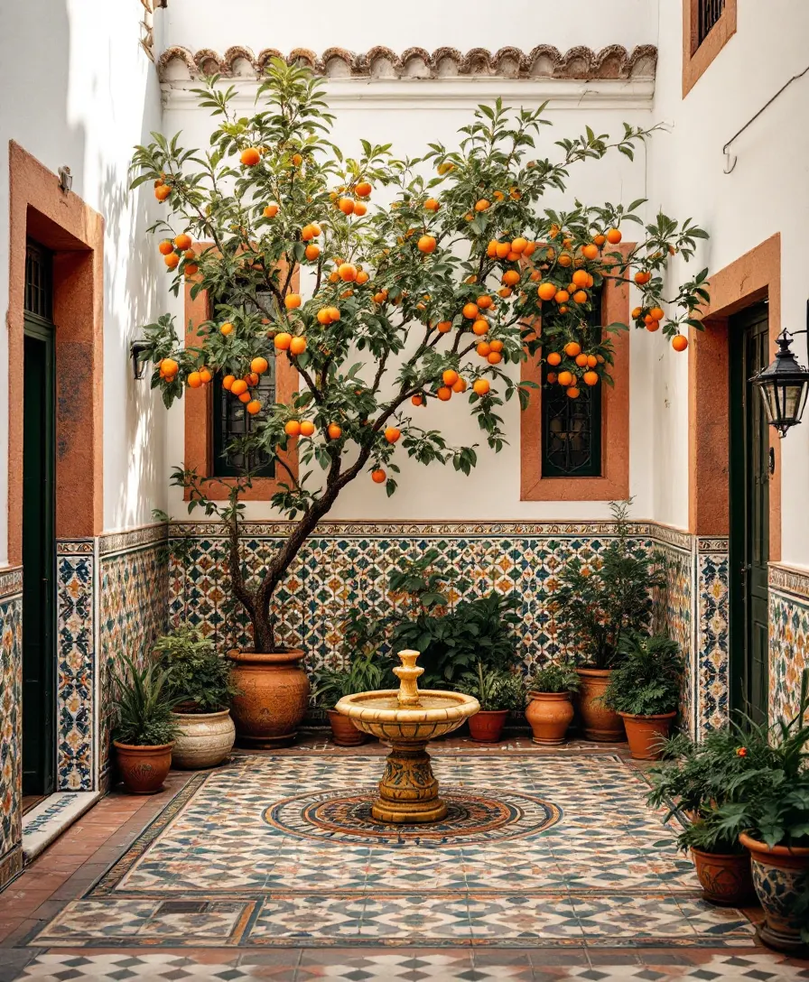 Patio andaluz con azulejos y un naranjo